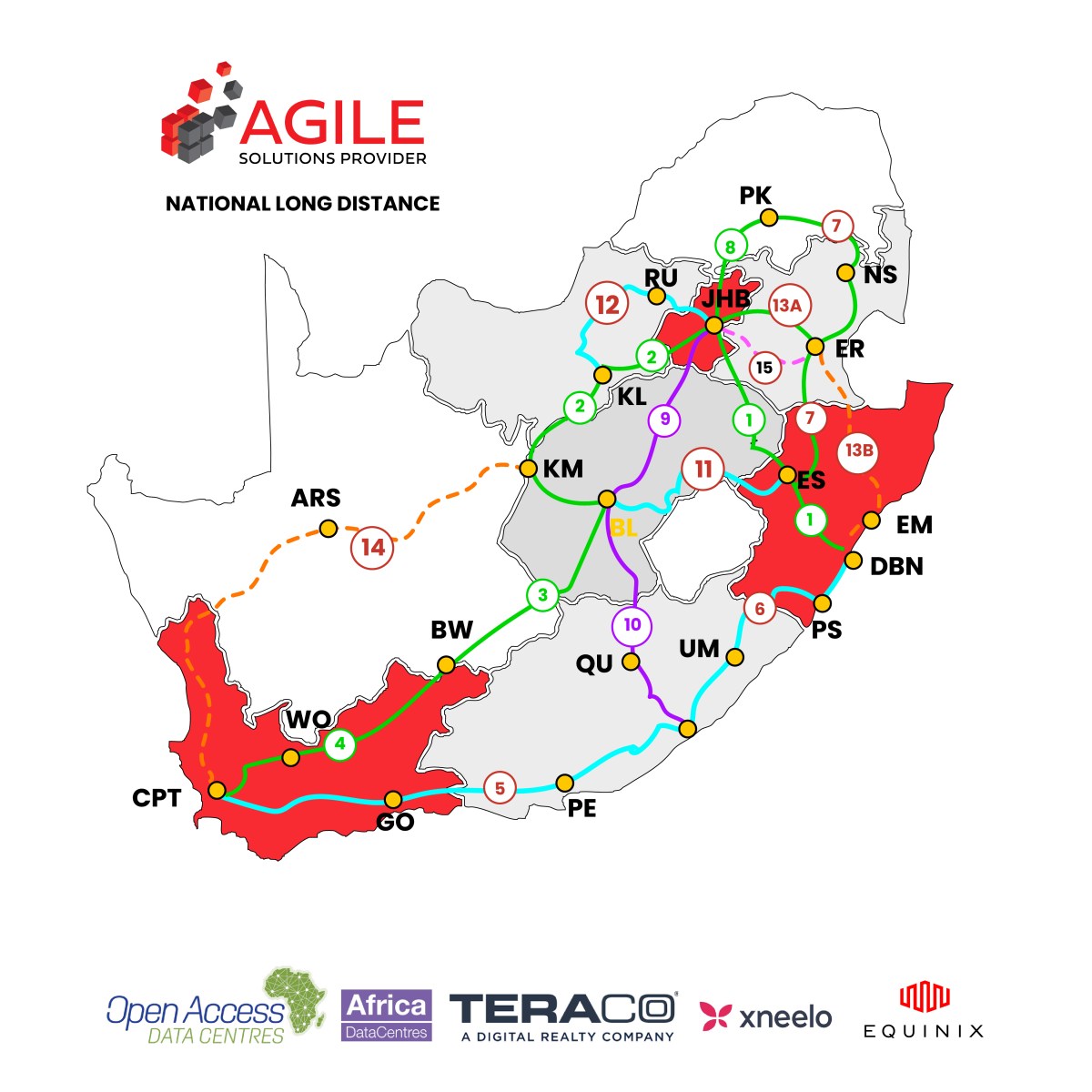 AgileSP National Long Distance network map showing fibre routes across South Africa